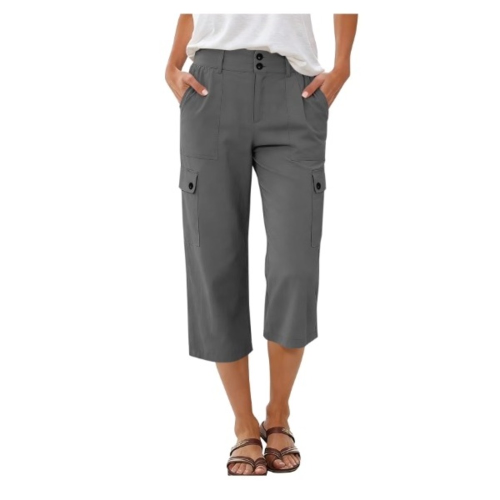 Unbranded Cargo Capri Pants Women Medium Gray Utility Elastic Waist Cropped